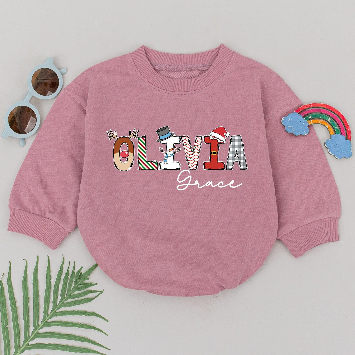 Personalized "OLIVIA Grace" Christmas Baby Romper Reindeer Snowman Santa Hat Plaid Outfit Newborn Girl Holiday Gift