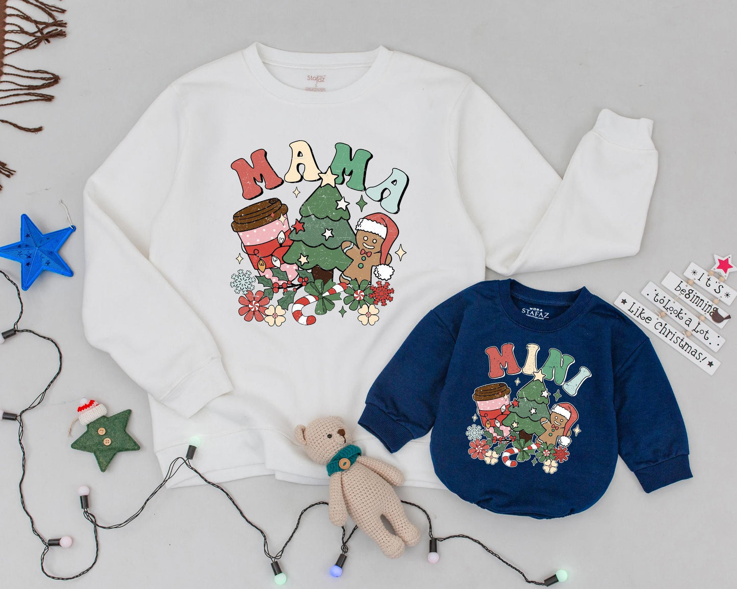 Retro Christmas Matching Sweatshirts: Mama Coffee, Mini Cocoa, Vintage Candy Canes, Festive Family Outfits, Holiday Party, Gingerbread, Red, Green, Pink (138 chars)