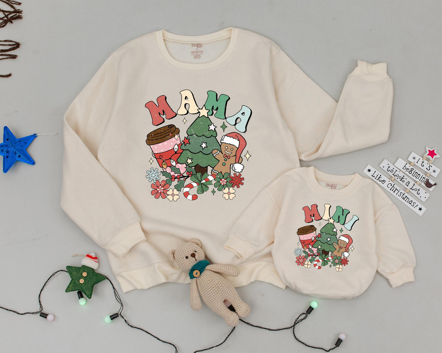 Retro Christmas Matching Sweatshirts: Mama Coffee, Mini Cocoa, Vintage Candy Canes, Festive Family Outfits, Holiday Party, Gingerbread, Red, Green, Pink (138 chars)