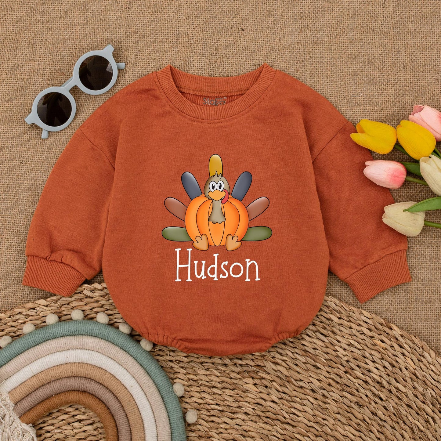 Pumpkin Turkey Romper for Boys, Thanksgiving Baby Outfit, Fall Wear