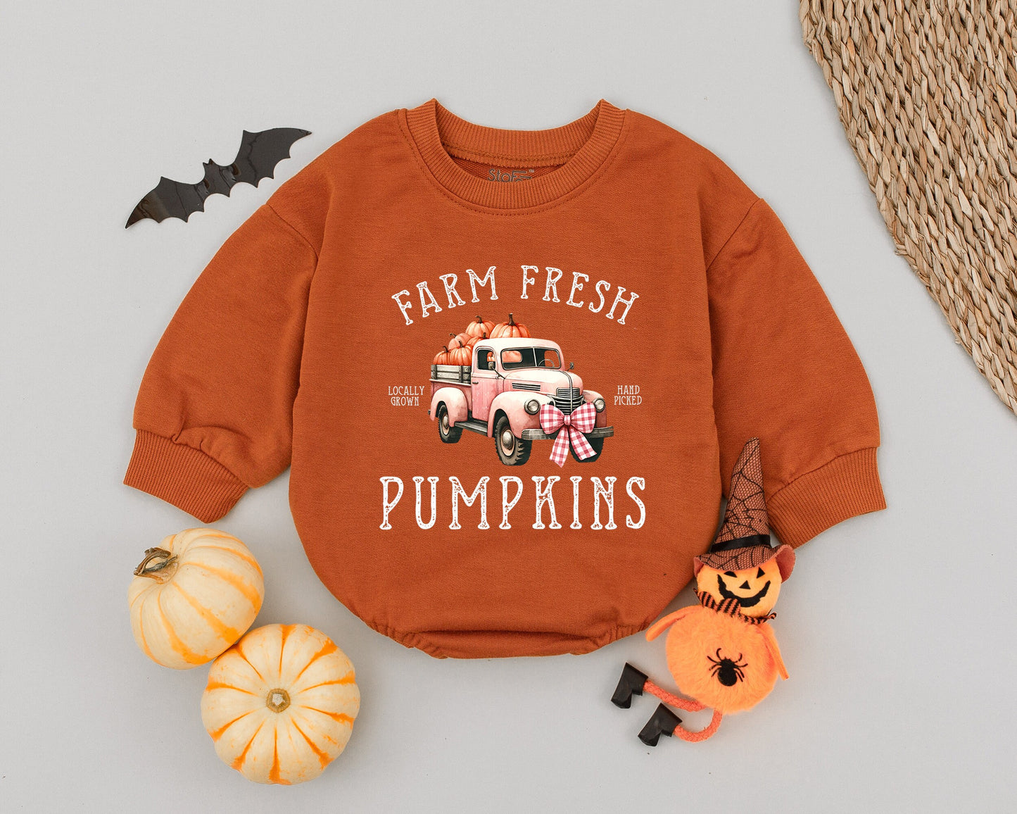 Farm Fresh Pumpkins Baby Romper, Vintage Truck Halloween Outfit, Locally Grown Bodysuit, First Thanksgiving, Autumn Baby Clothes, Hand Picked Cute (138 chars)