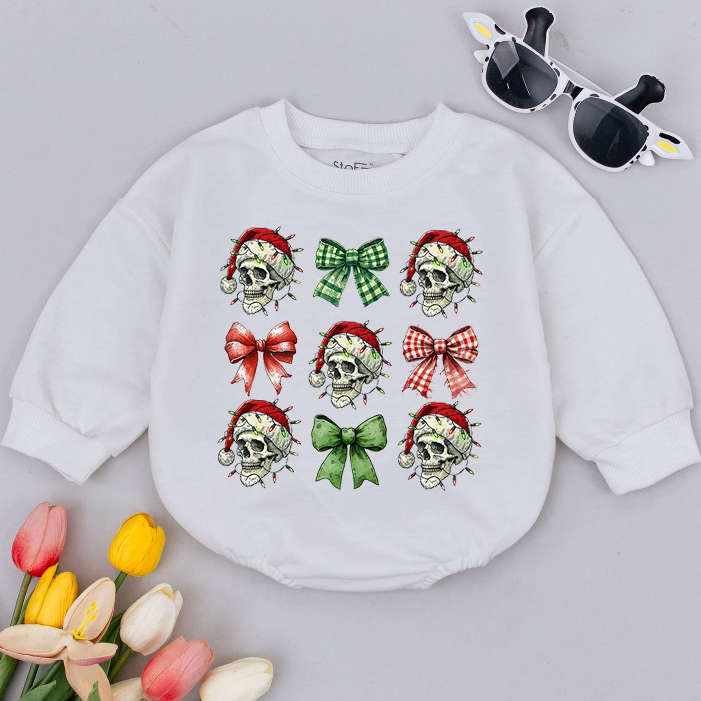 Funny Baby Christmas Romper: First Holiday, Retro Skeleton Bow