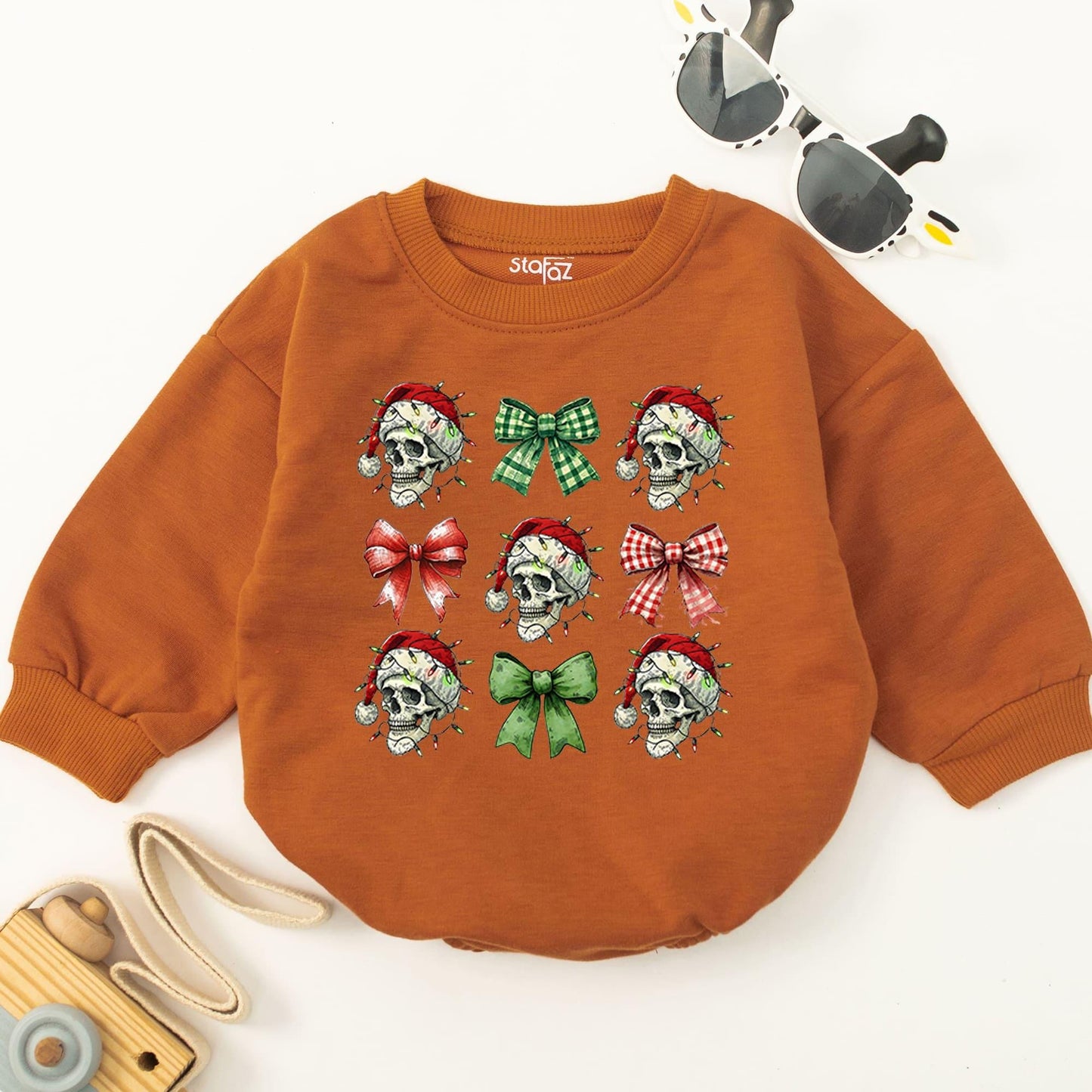 Funny Baby Christmas Romper: First Holiday, Retro Skeleton Bow