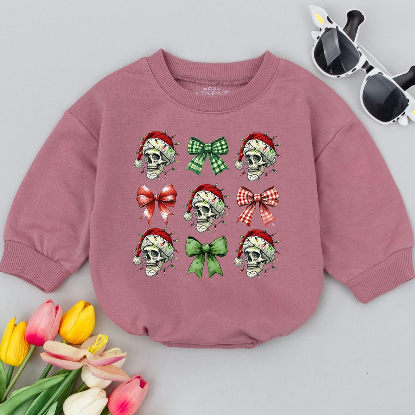 Funny Baby Christmas Romper: First Holiday, Retro Skeleton Bow