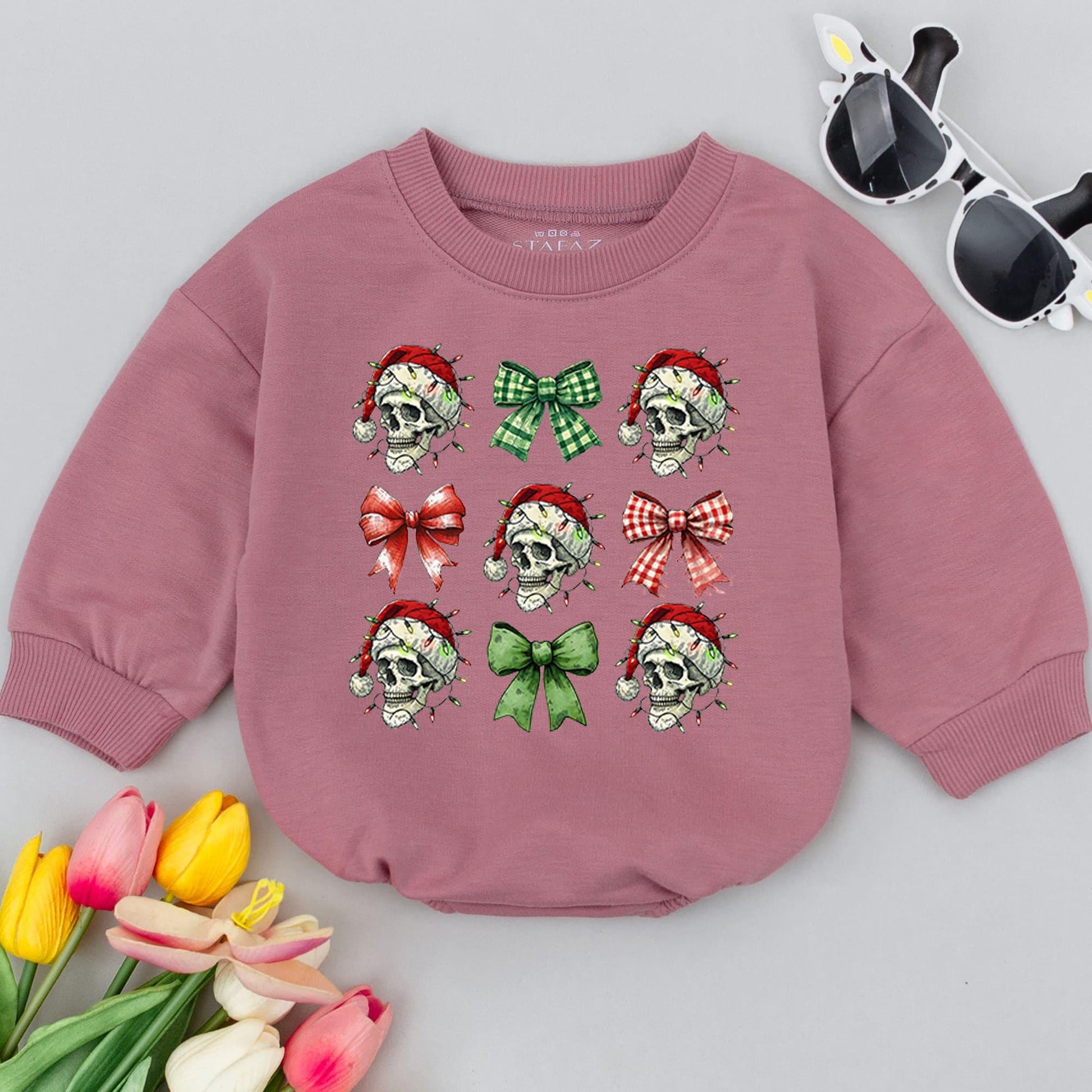 Funny Baby Christmas Romper: First Holiday, Retro Skeleton Bow