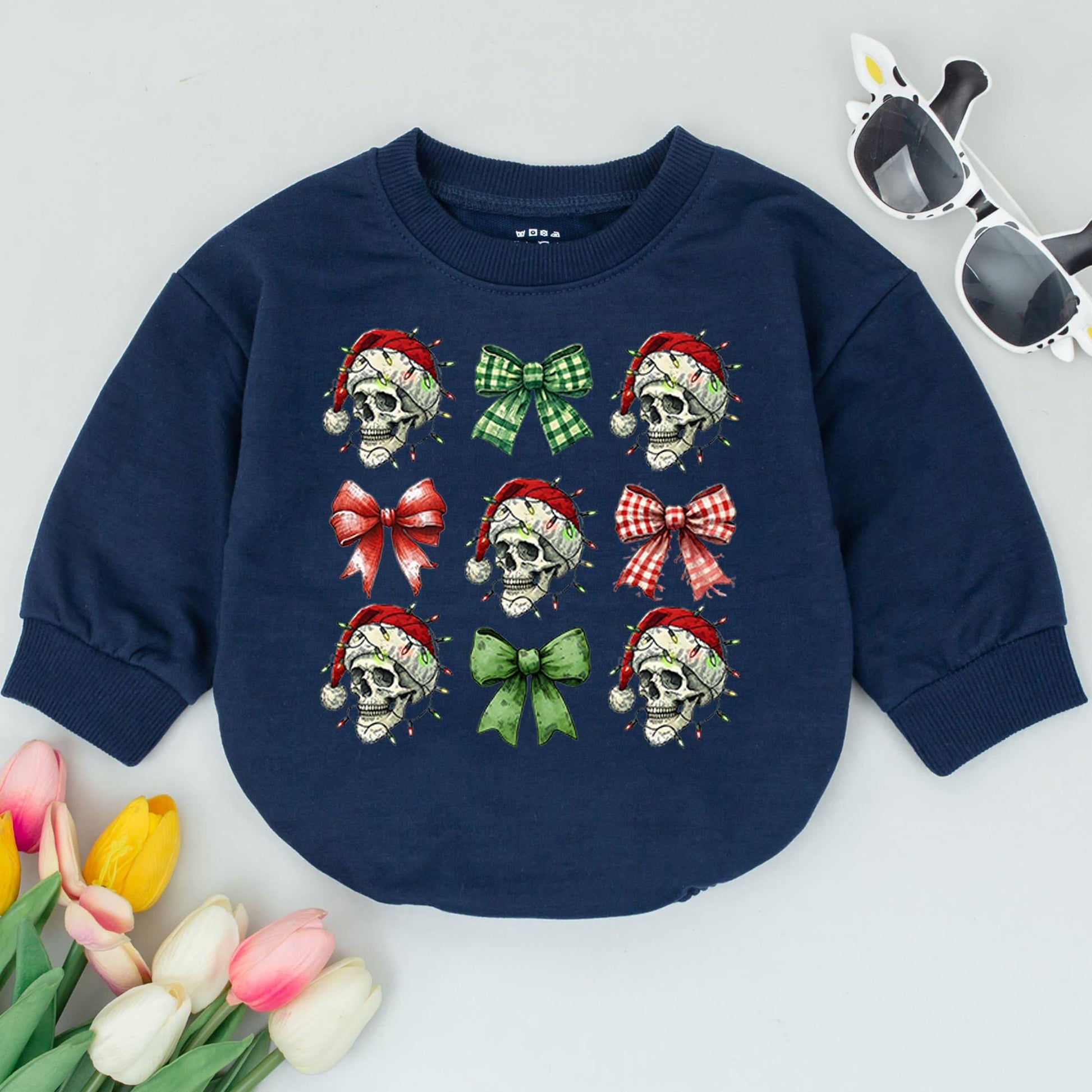 Funny Baby Christmas Romper: First Holiday, Retro Skeleton Bow