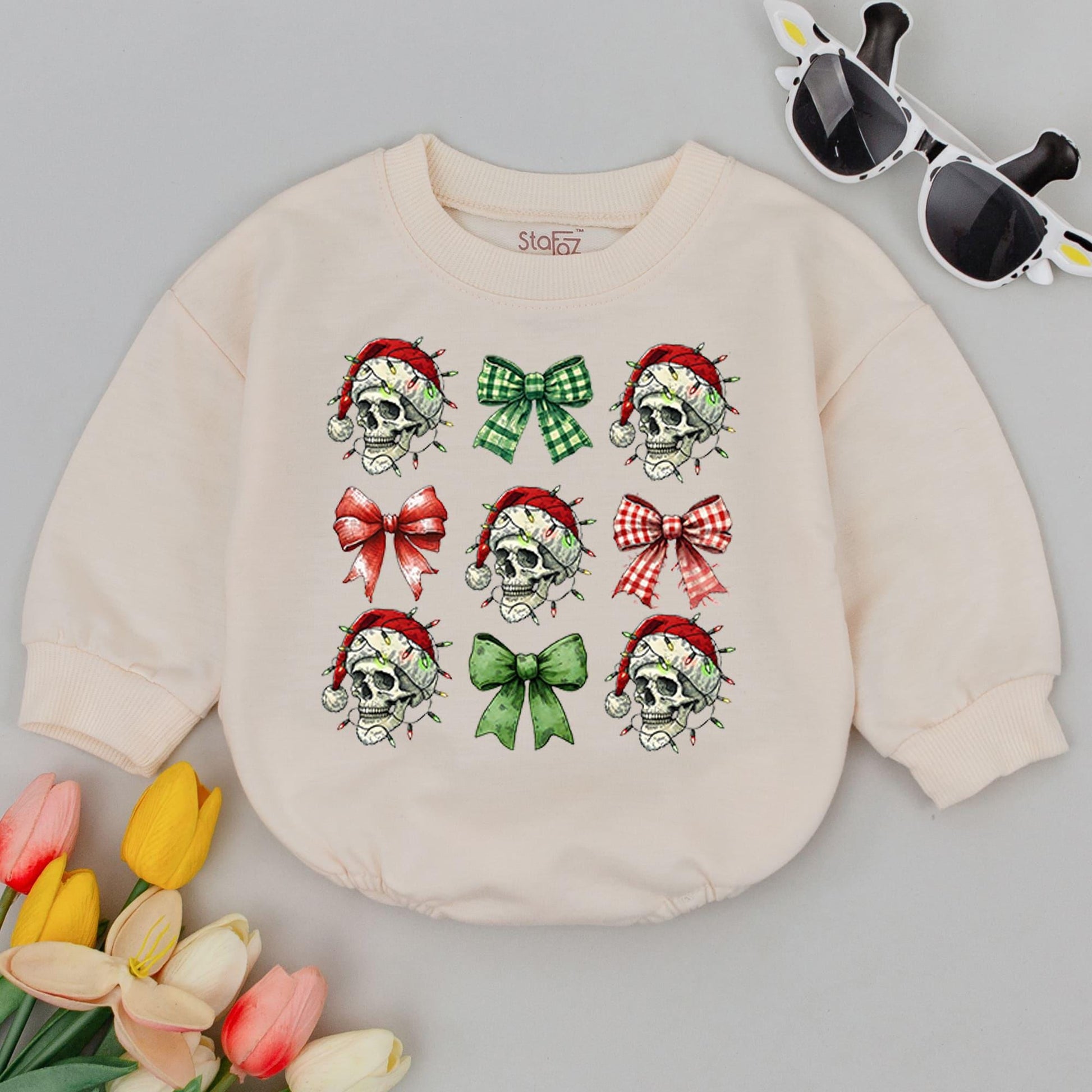 Funny Baby Christmas Romper: First Holiday, Retro Skeleton Bow
