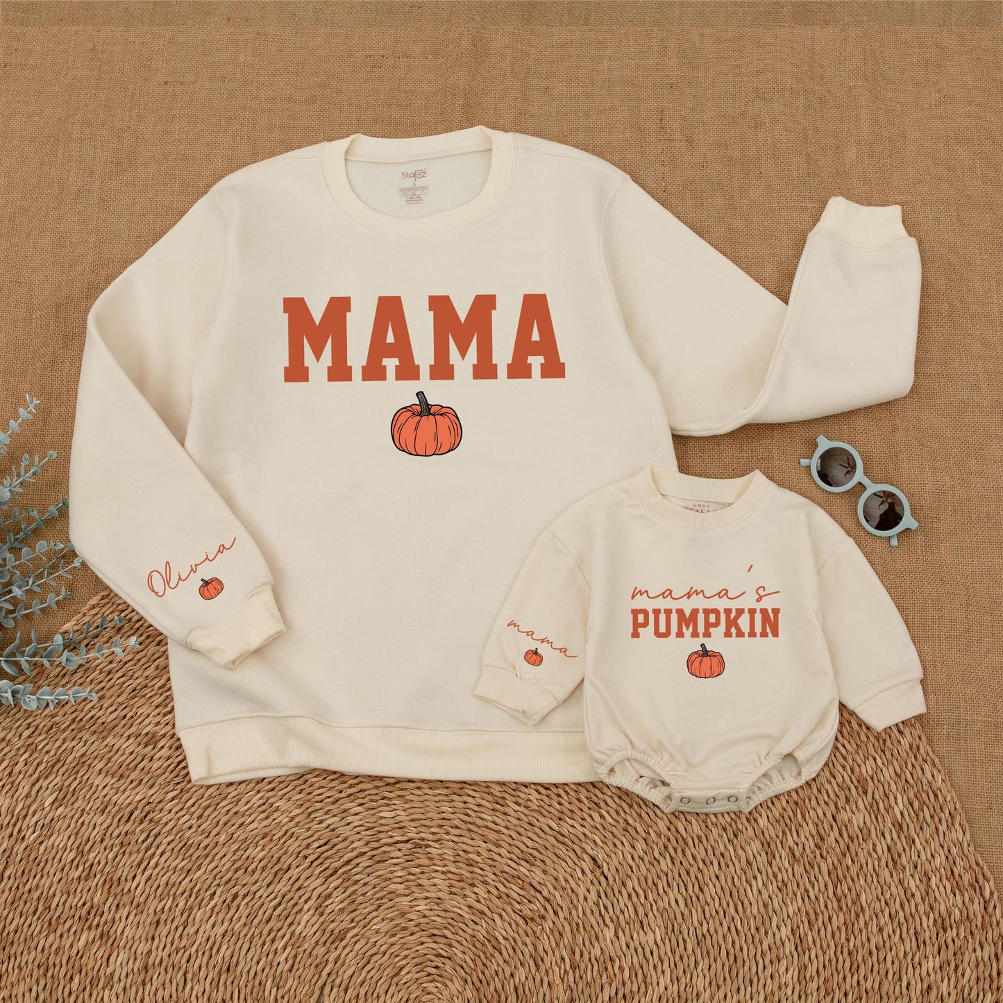 Mama's Pumpkin Sweatshirt Romper Matching Mommy and Me Fall Thanksgiving Outfit for Baby and Toddler