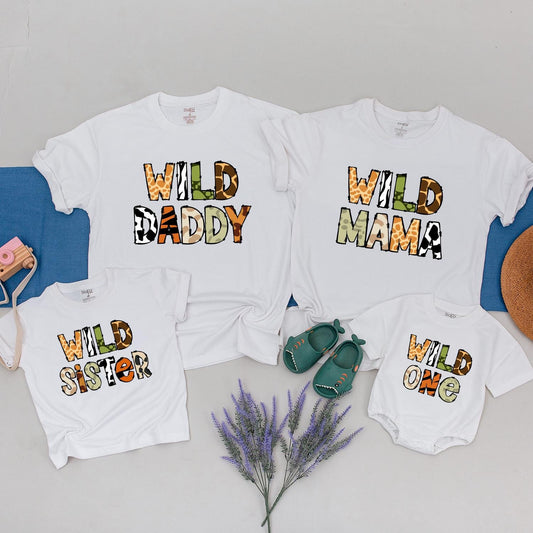 Wild One Safari Animal Print Family Matching Birthday T-Shirts for 1st Birthday Party Mommy Daddy Sister Toddler Outfit