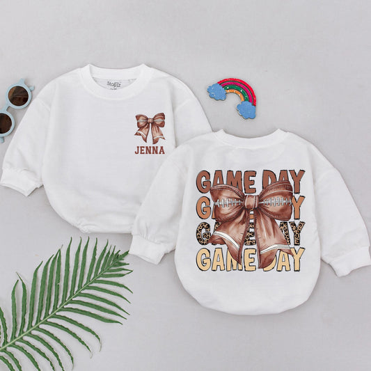 Personalized Baby Girl Game Day Football Romper Retro Bow Outfit, Jenna Name & Game Day Script, Brown Tan Leopard Print Vintage Bubble Kid