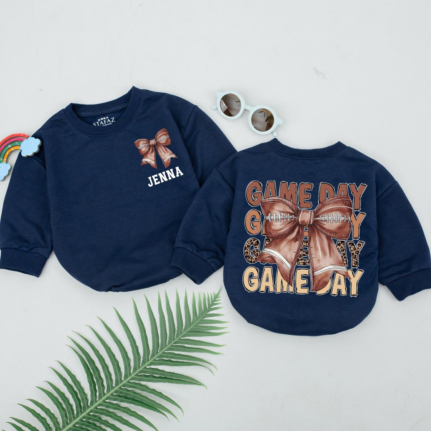 Personalized Baby Girl Football Romper - Natural Bubble Game Day Outfit