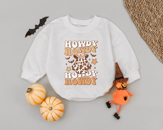 Howdy Ghoul Baby Romper Retro Ghost Cowboy Halloween Outfit First Birthday Bodysuit Tan Brown Vintage