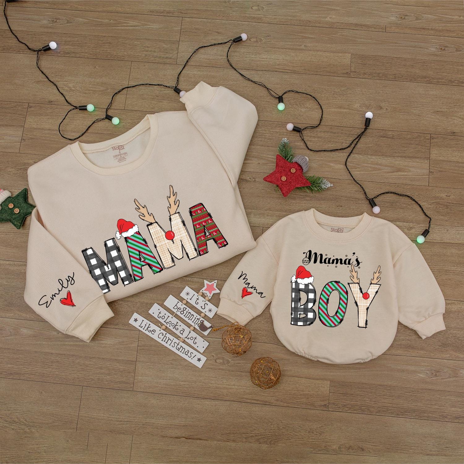 Mama and Mama's Boy Matching Baby Bubble Romper, Adorable First Christmas Bodysuit Newborn Outfit, Mommy Son Holiday Apparel Gift