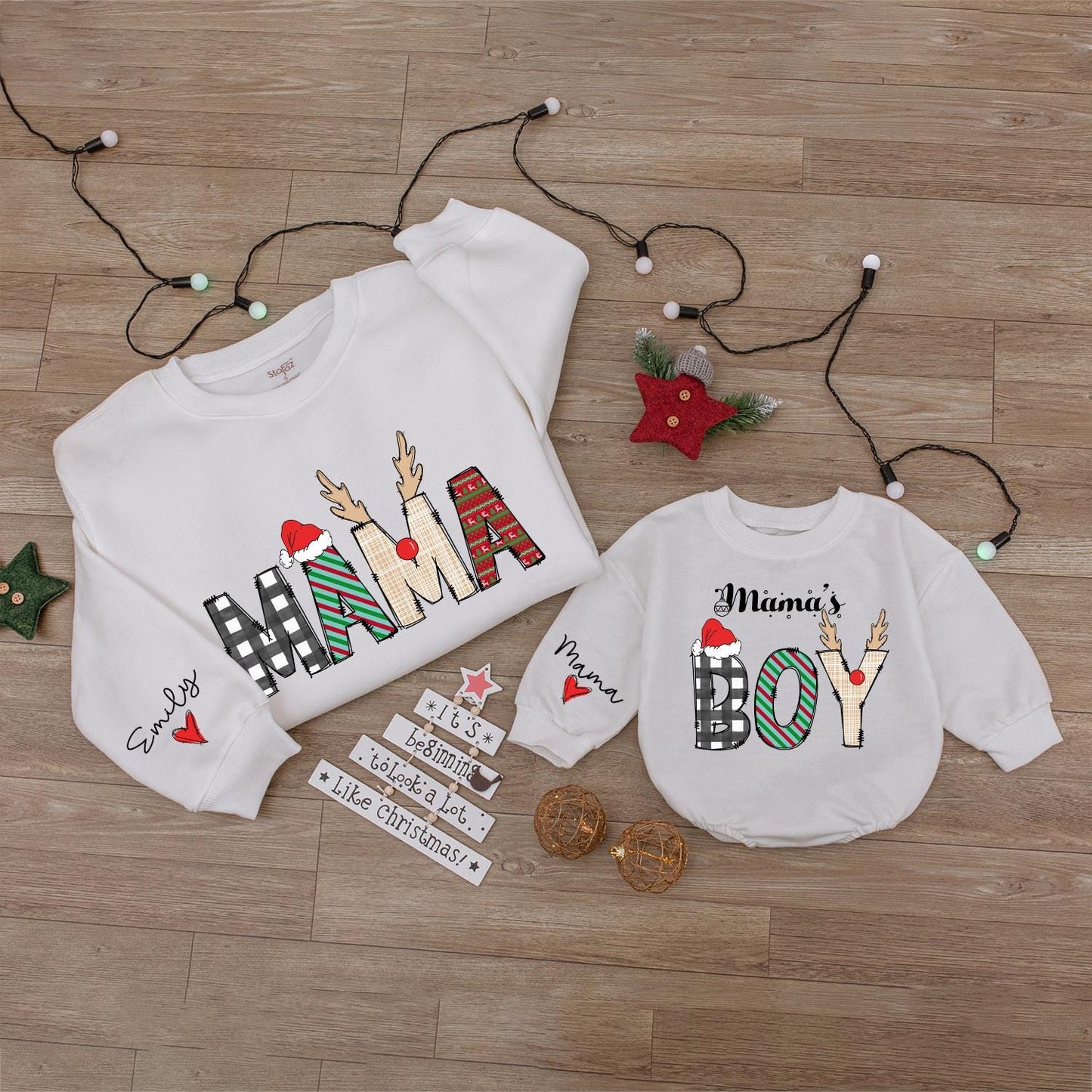 Mama and Mama's Boy Matching Baby Bubble Romper, Adorable First Christmas Bodysuit Newborn Outfit, Mommy Son Holiday Apparel Gift