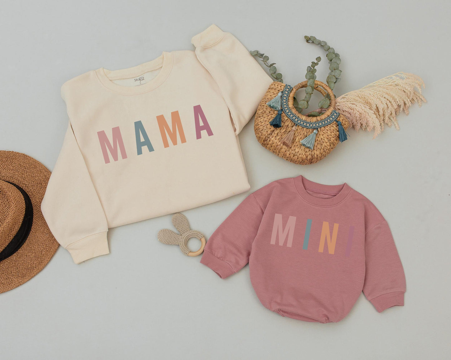 Mama and Mini Matching Sweatshirts Stacked Colorful Letters Mom Daughter Cozy Fall Halloween Thanksgiving Outfit Modern Retro Style