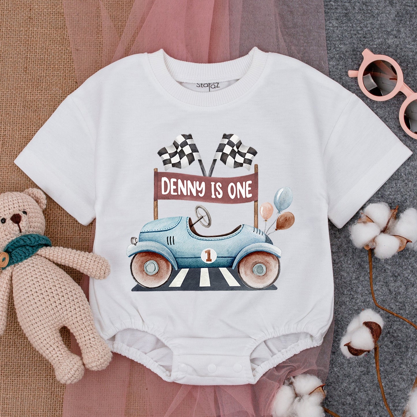 Race Car 1st Birthday Romper - Personalized Baby Boy Party Outfit