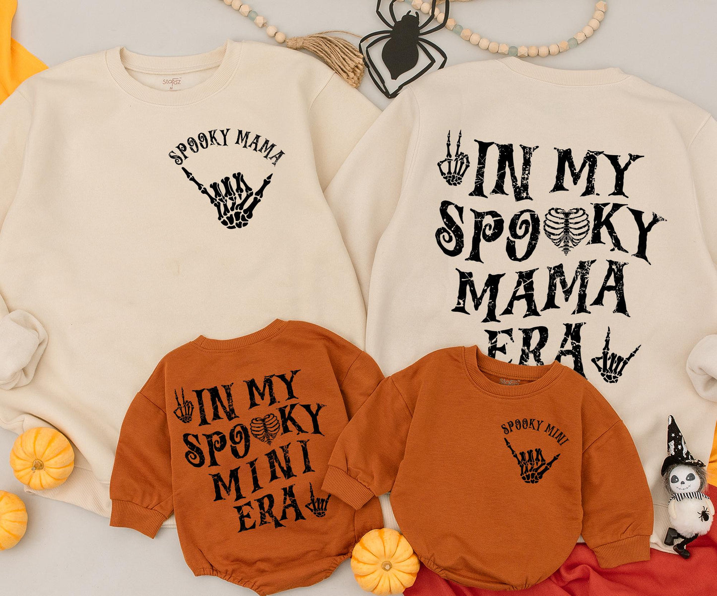 Spooky Mama & Mini Era Matching Sweatshirts Retro Skeleton Hand Halloween Family Outfits Cozy Spooky Season Gift