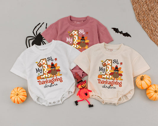 My First Thanksgiving Romper Baby Outfit Custom Name Bodysuit Retro Fall Clothes Pumpkin Truck Little Turkey Outfit Boys Girls Thanksgiving 1st Costume