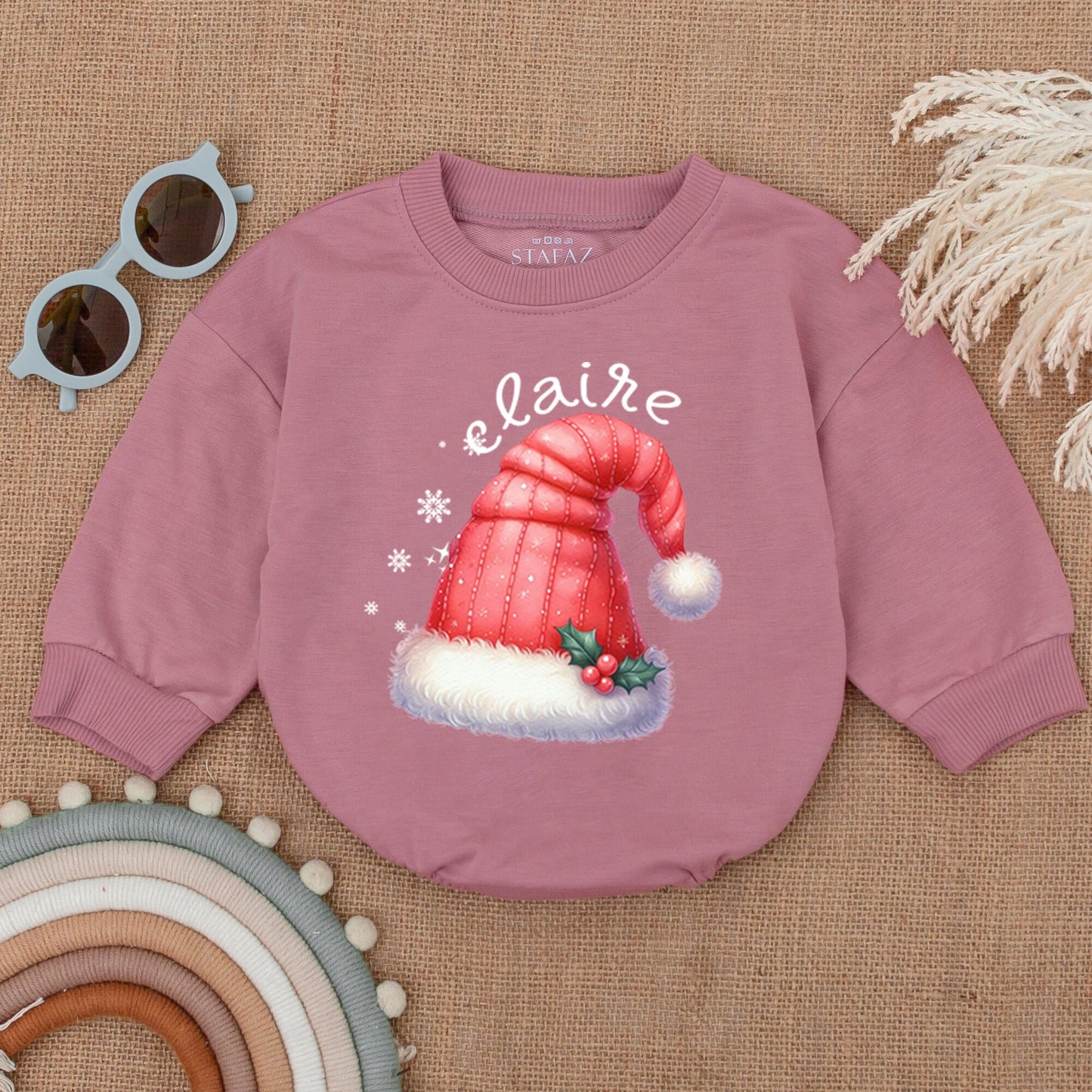 Personalized Baby Christmas Santa Hat Bodysuit Cute Festive Name Bubble Romper Infant First Christmas Shower Gift Outfit Red White Holly Snowflake Design
