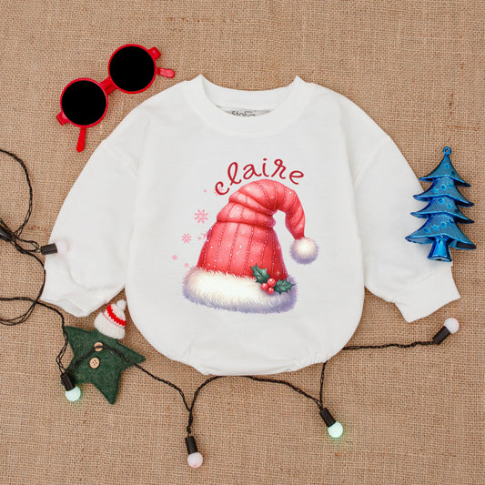 Personalized Baby Christmas Santa Hat Bodysuit Cute Festive Name Bubble Romper Infant First Christmas Shower Gift Outfit Red White Holly Snowflake Design