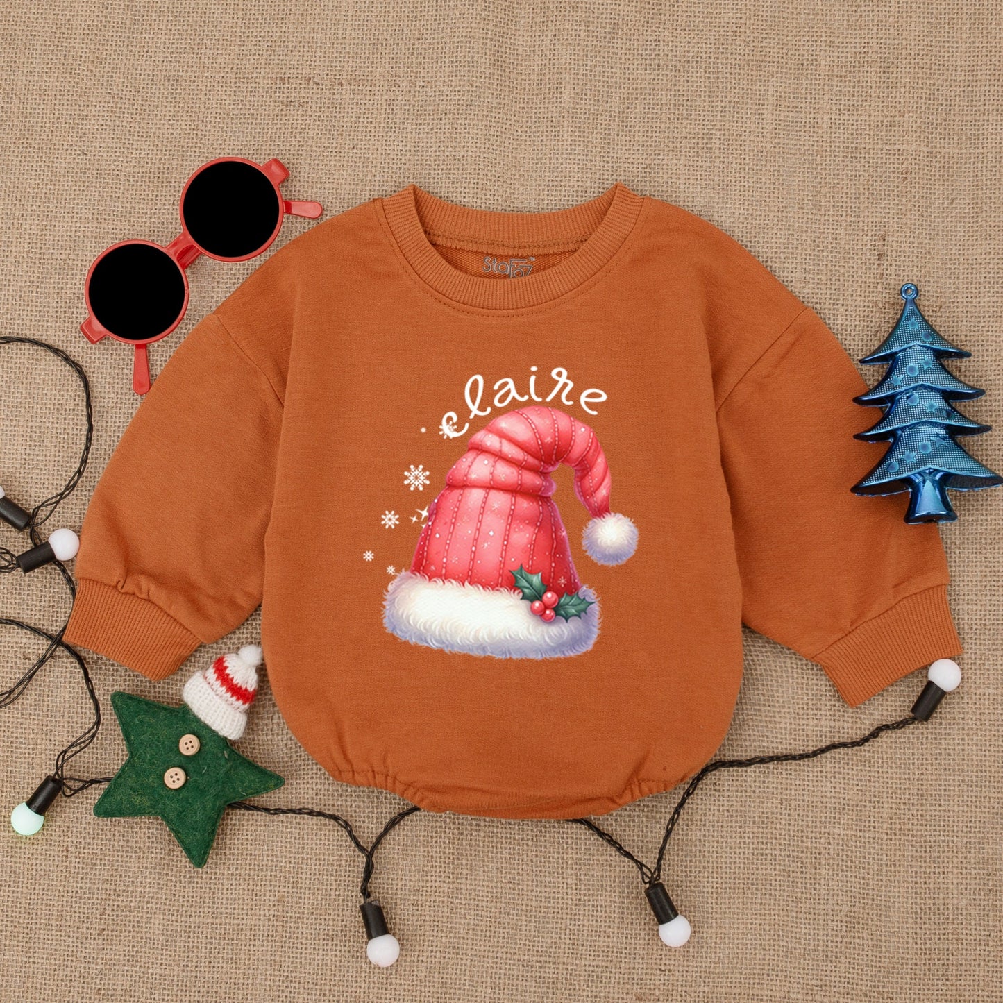 Personalized Baby Christmas Santa Hat Bodysuit Cute Festive Name Bubble Romper Infant First Christmas Shower Gift Outfit Red White Holly Snowflake Design