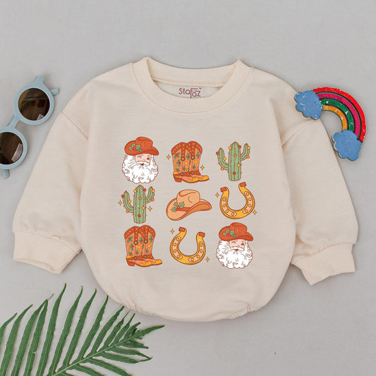 Retro Cowboy Christmas Romper: Baby's 1st Xmas Outfit for Girls