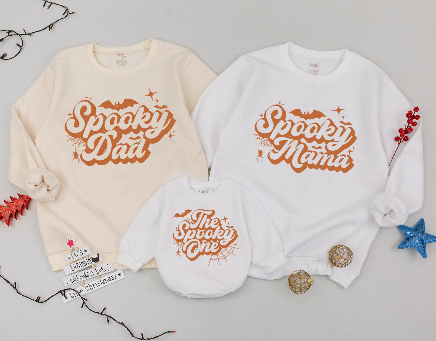 Spooky Family Matching Sweatshirts Retro Halloween Outfits Personalized One, Dad, Mama Vintage Ghost Bats & Stars Halloween Birthday Gifts Spooky Dude