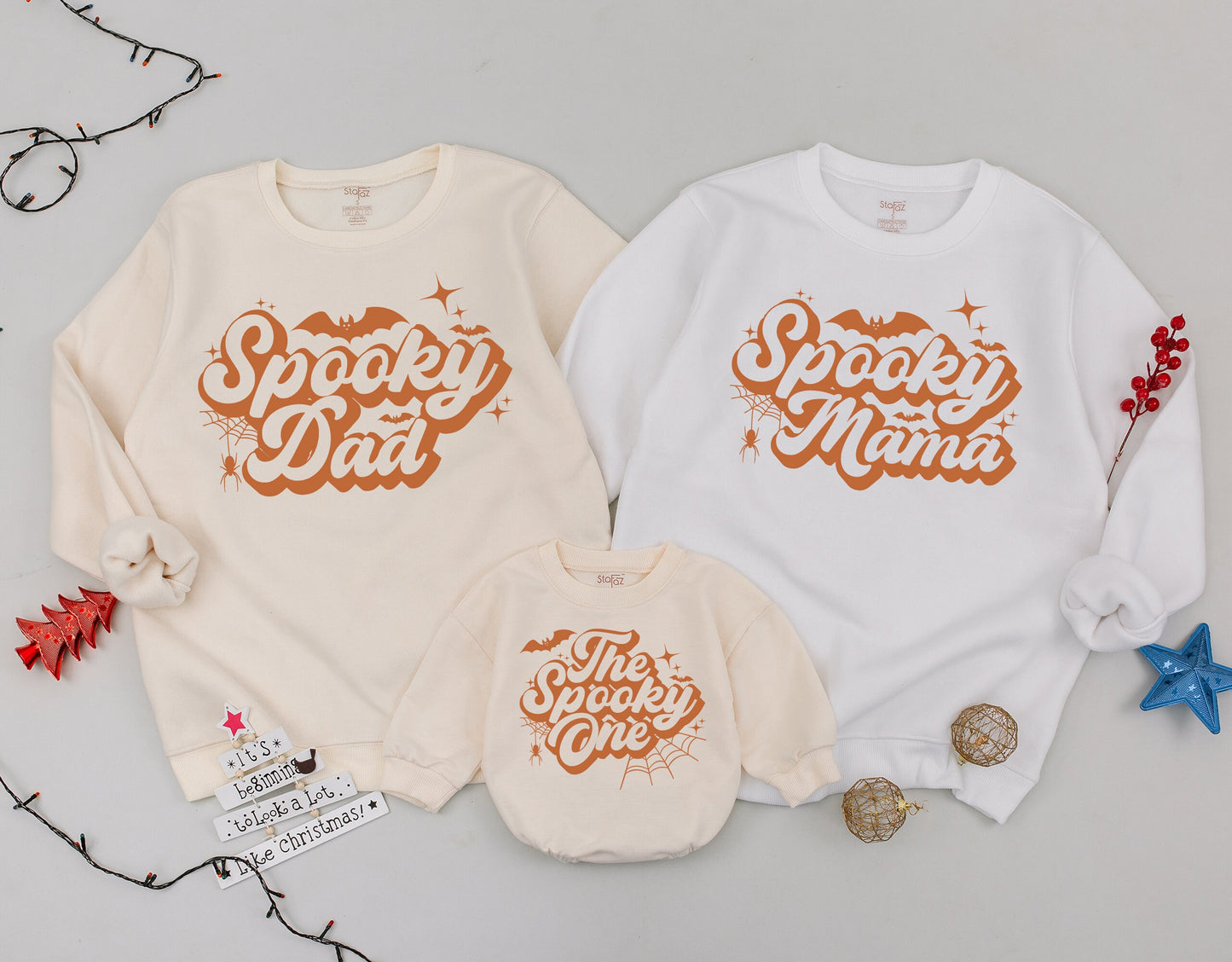 Spooky Family Matching Sweatshirts Retro Halloween Outfits Personalized One, Dad, Mama Vintage Ghost Bats & Stars Halloween Birthday Gifts Spooky Dude
