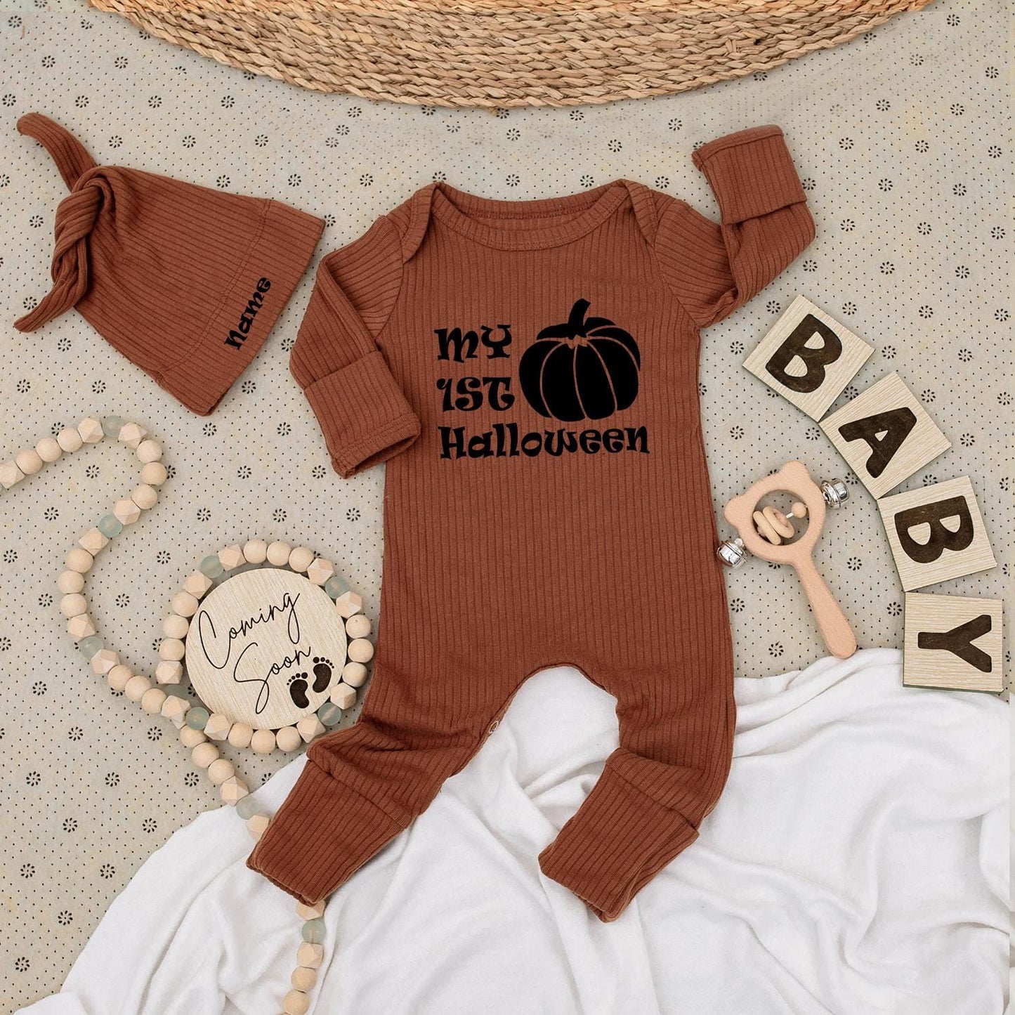 Personalized My First Halloween Baby Bodysuit and Hat Set Newborn Long Sleeve Outfit with Name on Hat Black Pumpkin Graphic Coming Home Baby Shower Gift Autumn Fall