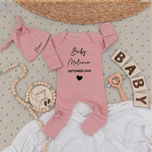 Custom Baby Announcement Bodysuit & Hat Set September 2024 Baby's Name Black Heart Newborn Gift Boy Girl