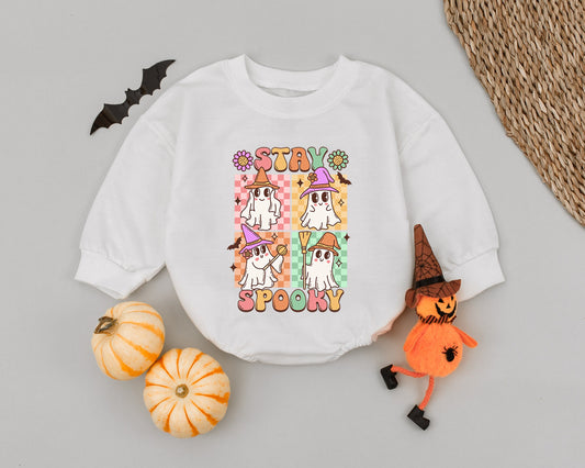 Groovy Retro Ghost Bubble Romper - Perfect for Baby’s First Halloween