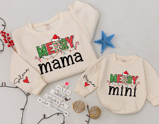 Merry Mama Mini Matching Sweatshirt with Baby Girl Romper Christmas Outfit Personalized Family Holiday Gift Set