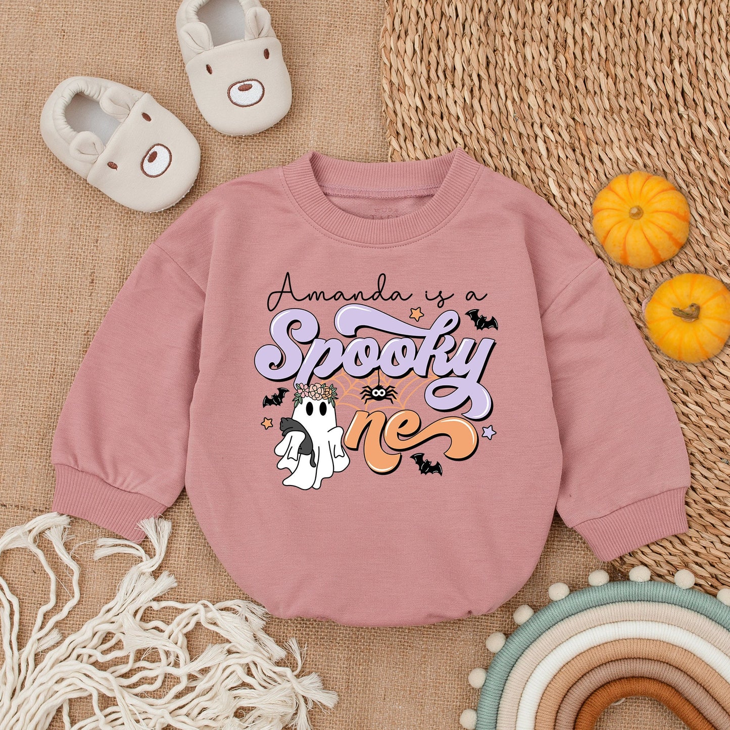 Amanda is a Spooky One Baby Romper Cute Ghost Halloween Outfit Purple White Orange Bats Stars Spiderweb Flower Crown Baby's First Halloween Gift