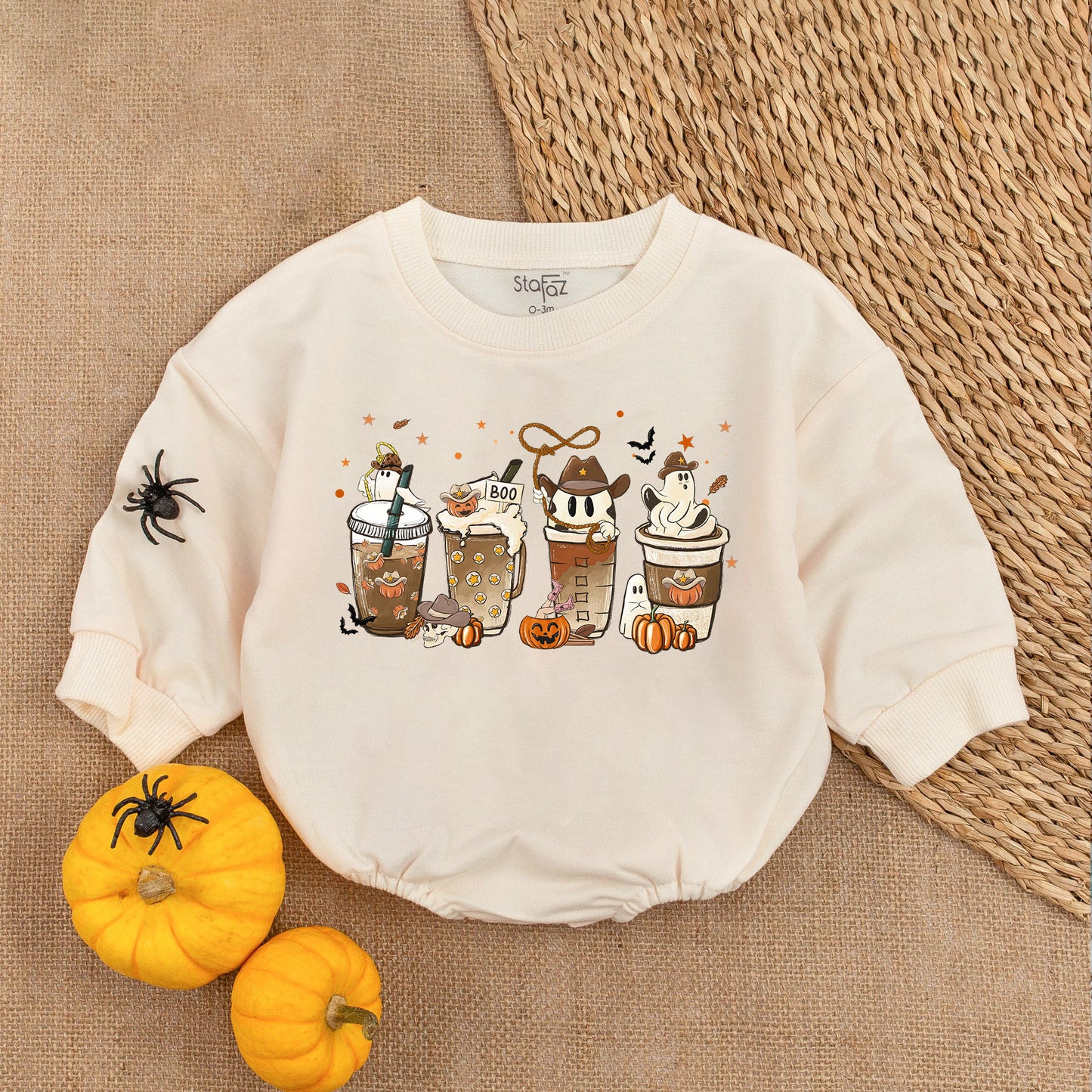 Cute Spooky Halloween Coffee Bodysuit Western Pumpkin Ghost Baby Romper Cozy Fall Baby Clothes First Halloween Outfit