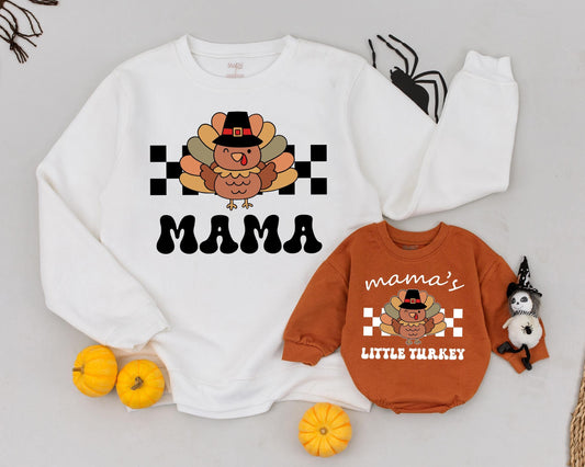 Retro Thanksgiving Matching Sweatshirt, Little Turkey Mama and Mini Outfit, Cute Mommy and Me Sweater, Turkey Day Gift for Mom & Baby, Family Apparel (134 chars)