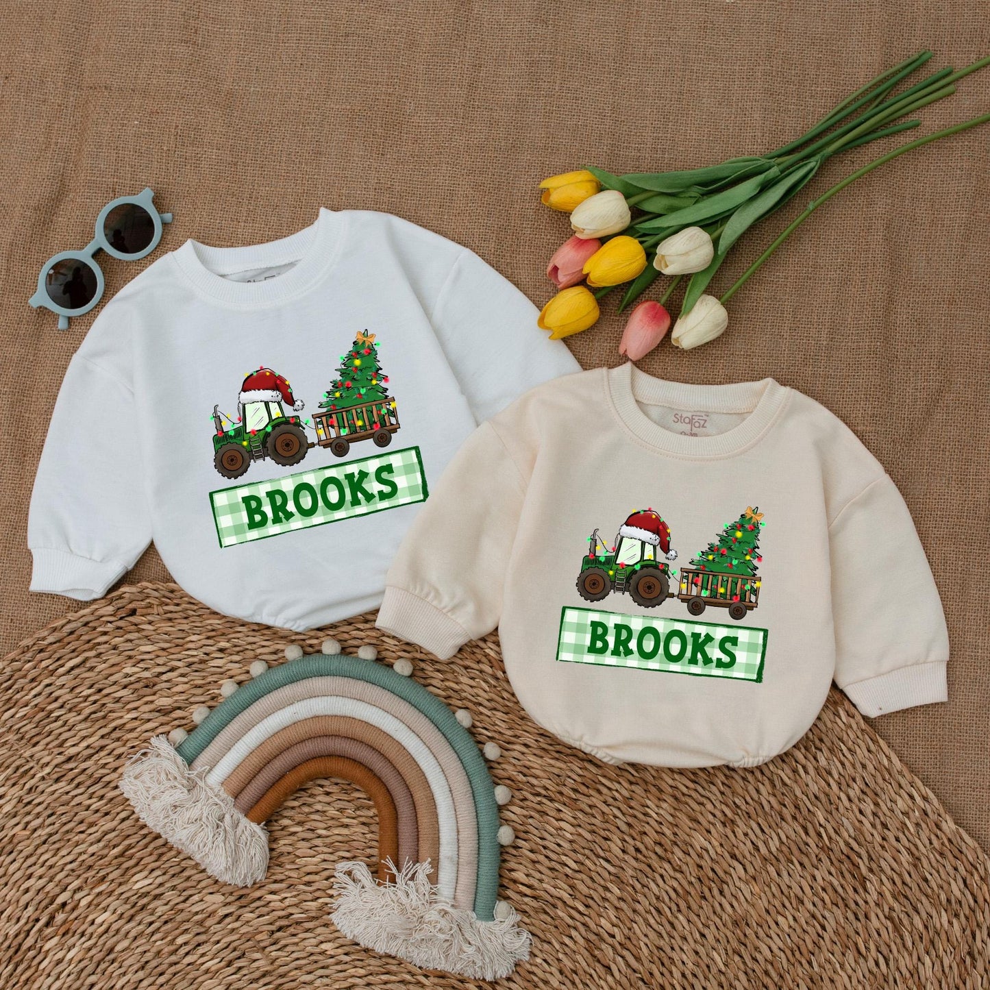 Personalized Tractor Christmas Romper for Baby Boy First Christmas Outfit Custom Name Winter Clothes Christmas Baby Shower Gift Red & Green Newborn Clothes