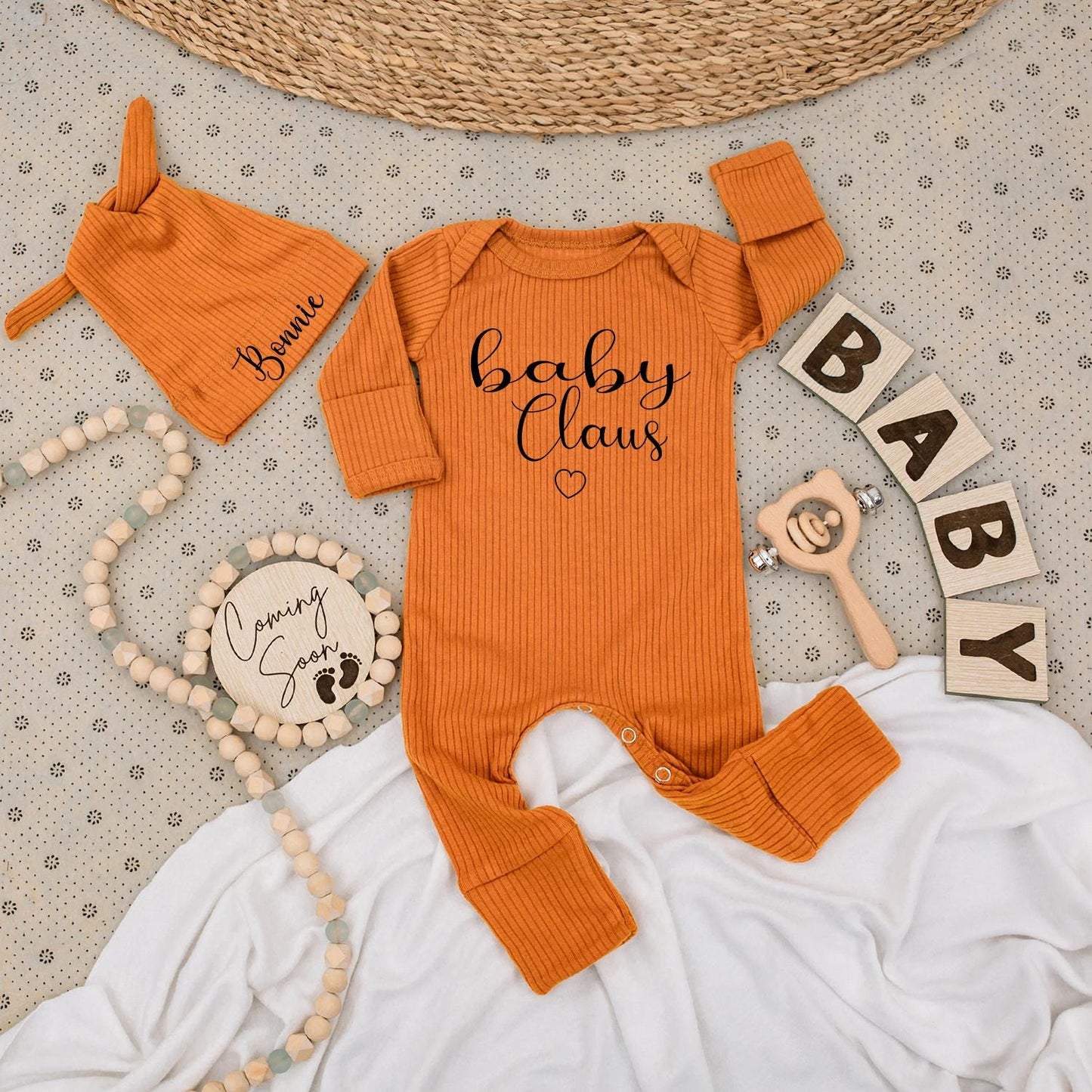 Baby Claus Christmas Romper & Hat Set Personalized Bonnie Newborn Outfit Long Sleeve Bodysuit Xmas Coming Soon Baby Shower Clothes 137chars