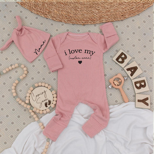 I Love My Custom Name Baby Bodysuit & Hat Set Black Heart Minimalist Newborn Outfit Long Sleeve First Birthday Shower Gift