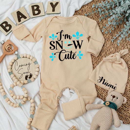 I'm Snow Cute Baby Romper - Soft Christmas Newborn Outfit, Teal Holly Accent, Funny Winter Pun Long Sleeve Going Home Gift for Boys and Girls