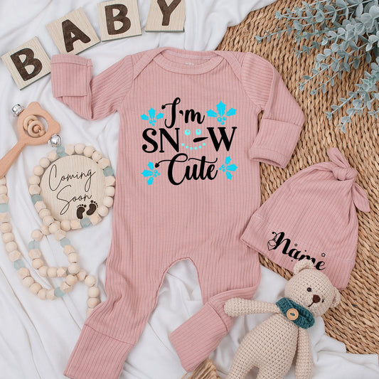 I'm Snow Cute Baby Romper - Soft Christmas Newborn Outfit, Teal Holly Accent, Funny Winter Pun Long Sleeve Going Home Gift for Boys and Girls