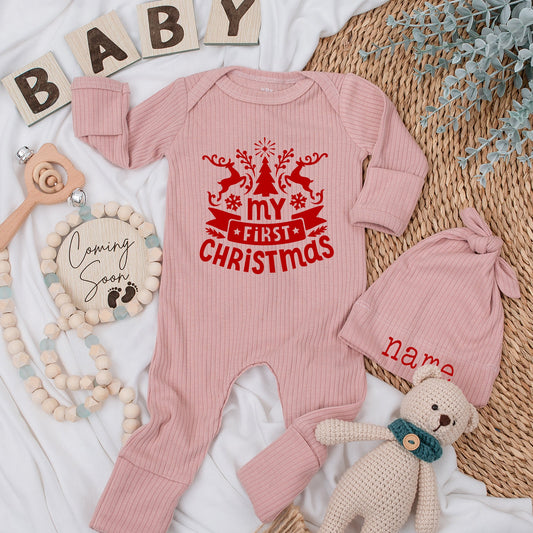 My First Christmas Baby Romper with Reindeer Snowflakes & Red Banner Custom Newborn Outfit for Boys Girls Baby Shower Christmas Gift