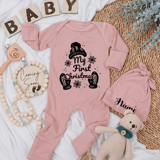 My First Christmas Baby Romper Soft Newborn Going Home Outfit Cute Winter Hat Mittens Custom Gift for Boys Girls Baby Shower Christmas Gifts