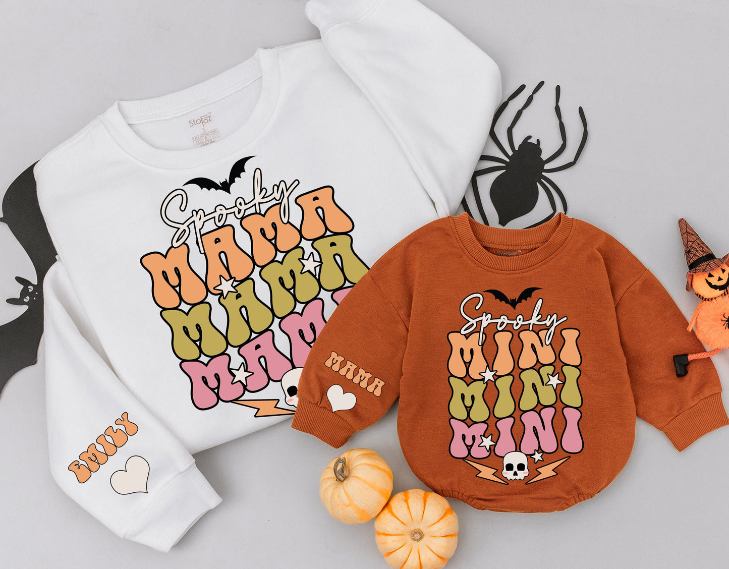 Retro Spooky Mama Mini Matching Halloween Sweatshirts, Peach Olive Pink Bat Design, Mommy and Me Outfits, Custom Sleeve Heart Detail 138