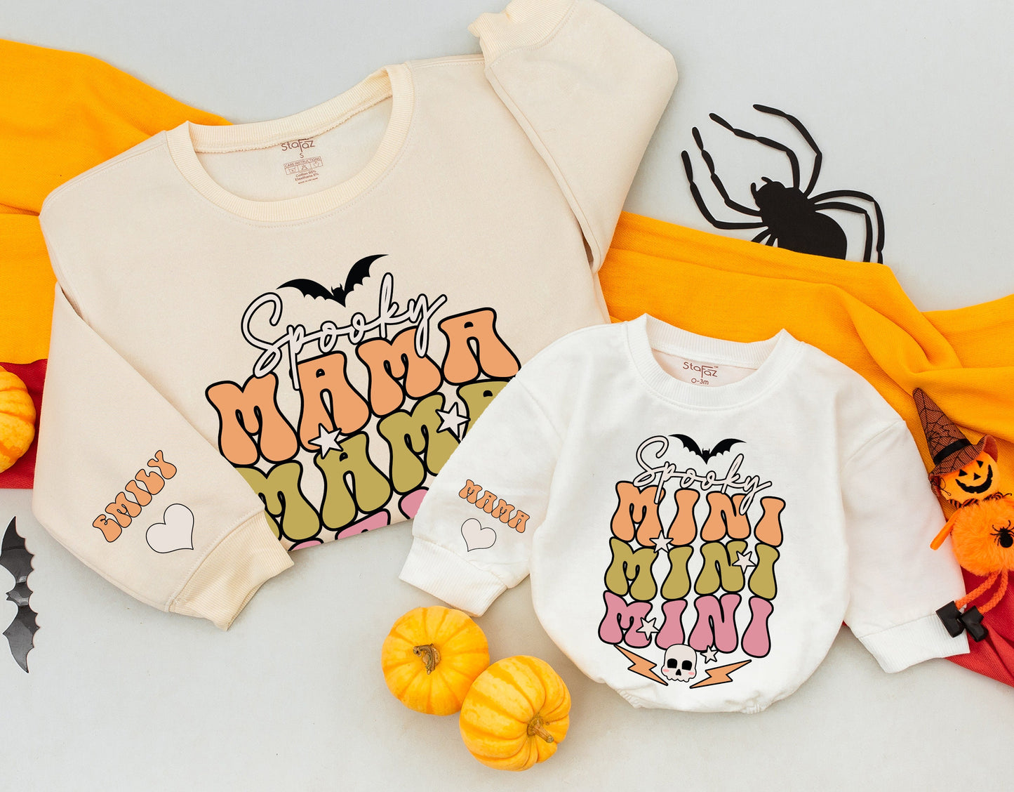 Retro Spooky Mama Mini Matching Halloween Sweatshirts, Peach Olive Pink Bat Design, Mommy and Me Outfits, Custom Sleeve Heart Detail 138