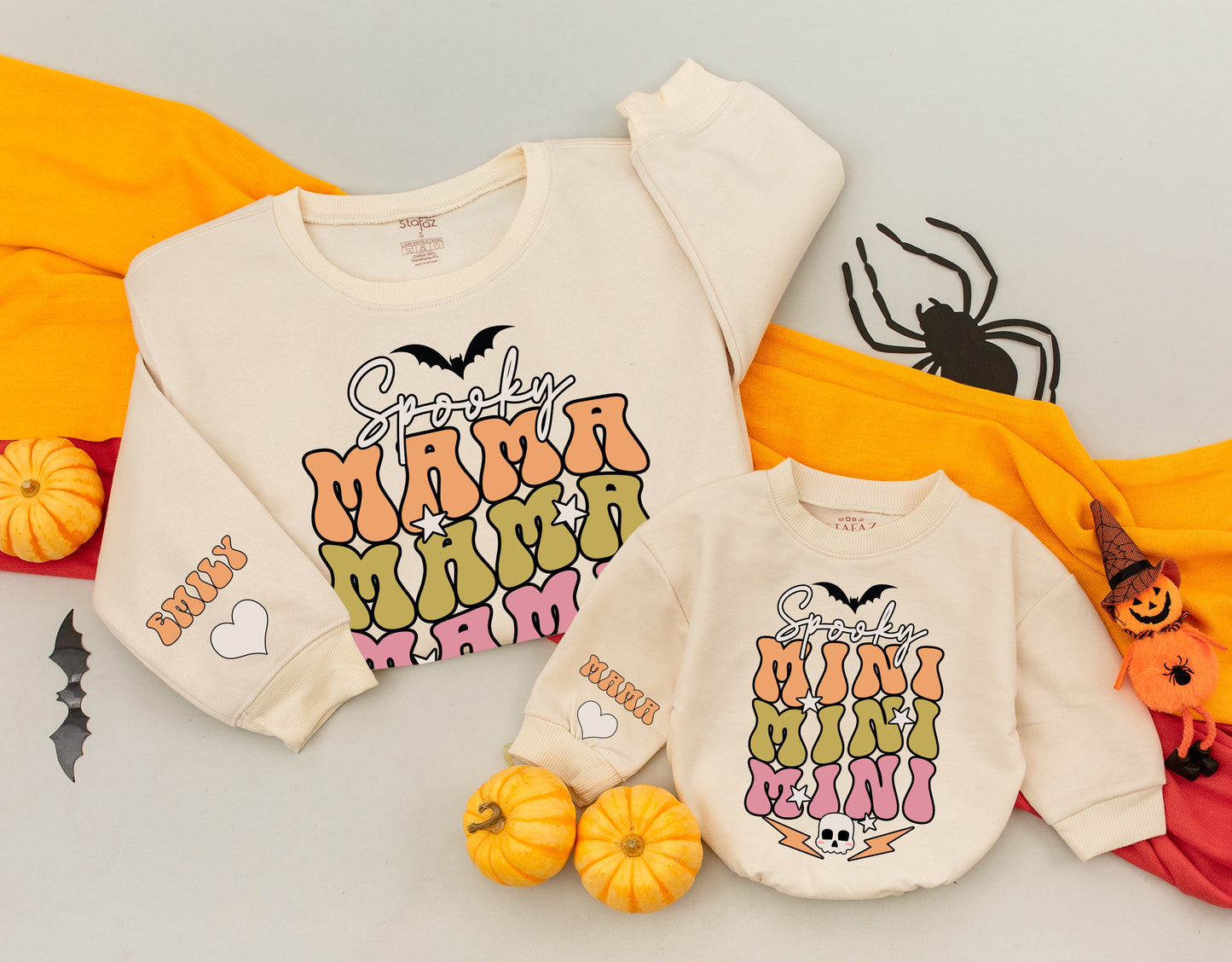 Retro Spooky Mama Mini Matching Halloween Sweatshirts, Peach Olive Pink Bat Design, Mommy and Me Outfits, Custom Sleeve Heart Detail 138