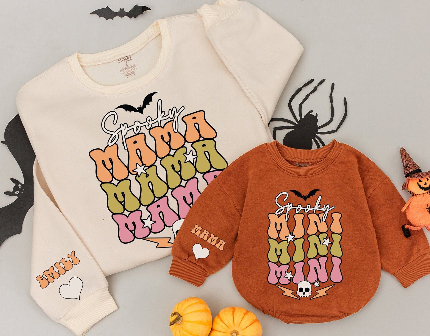 Retro Spooky Mama Mini Matching Halloween Sweatshirts, Peach Olive Pink Bat Design, Mommy and Me Outfits, Custom Sleeve Heart Detail 138