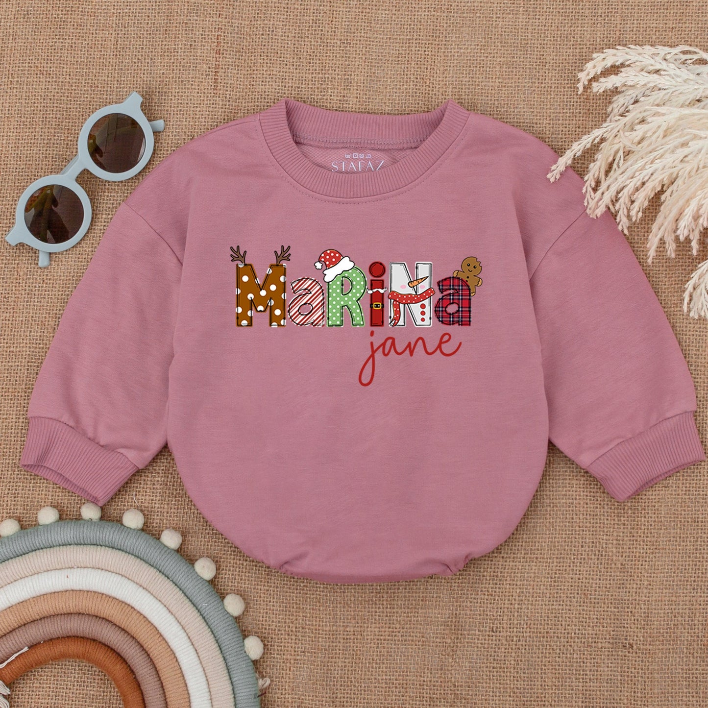 Custom Name Christmas Baby Bodysuit Festive Santa Reindeer Design with Gingerbread for First Holiday Season Soft Bubble Romper Infant Outfit Gift