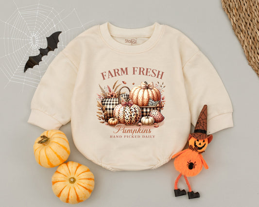 Farm Fresh Pumpkin Patch Baby Romper Halloween Outfit for Baby Girl, Fall Thanksgiving Bodysuit, First Costume, Rustic Design