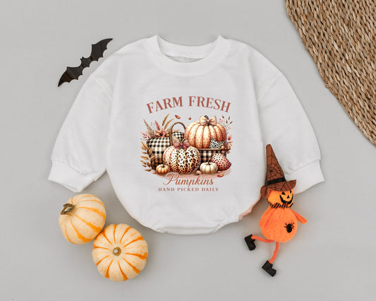 Farm Fresh Pumpkin Patch Baby Romper Halloween Outfit for Baby Girl, Fall Thanksgiving Bodysuit, First Costume, Rustic Design