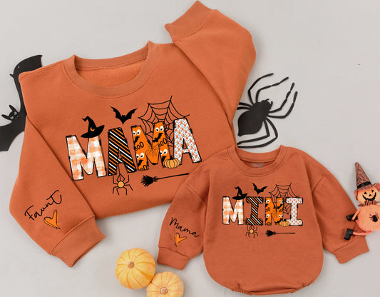Matching Mama Mini Halloween Sweatshirts, Spooky Family Outfits, Pumpkin Faces, Bats, Spiderwebs, Witchy Fall Gift, Custom Mommy and Me Party Romper